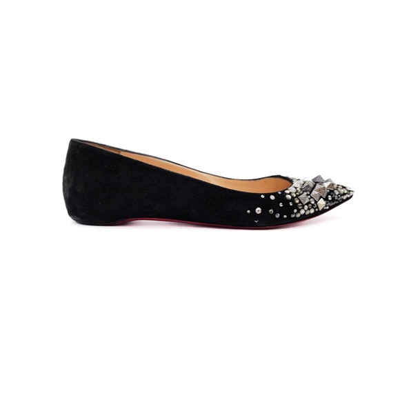 Christian Louboutin Black Suede Studded Spike Crystal Pointed Toe Flats EU 37 - Picture 2 of 7